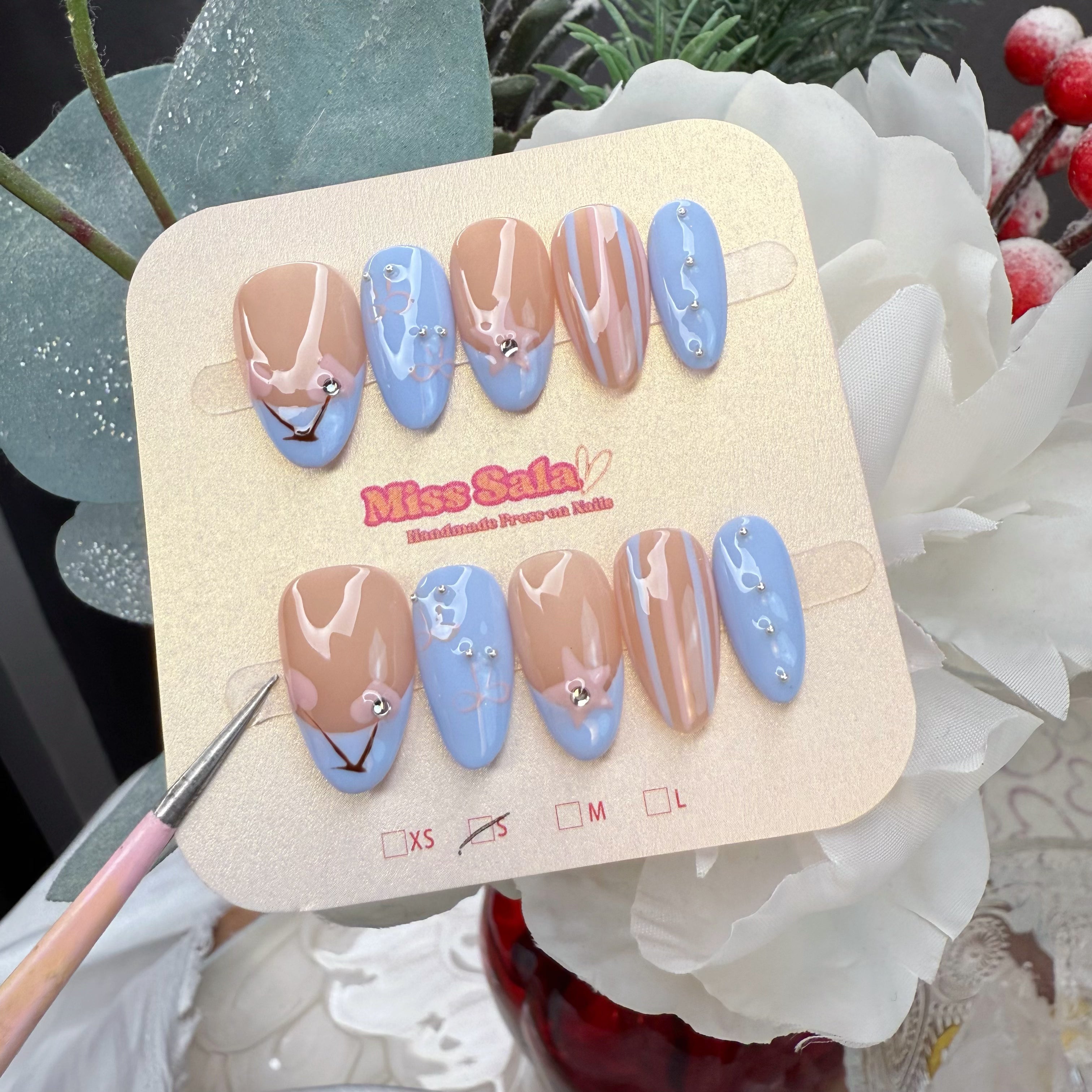 Blue Sky Cherry Droplets French Press-On Nails - Pastel Blue and Nude French Tips with 3D Water Droplet Accents, Silver Charms, and Hand-Painted Star Details